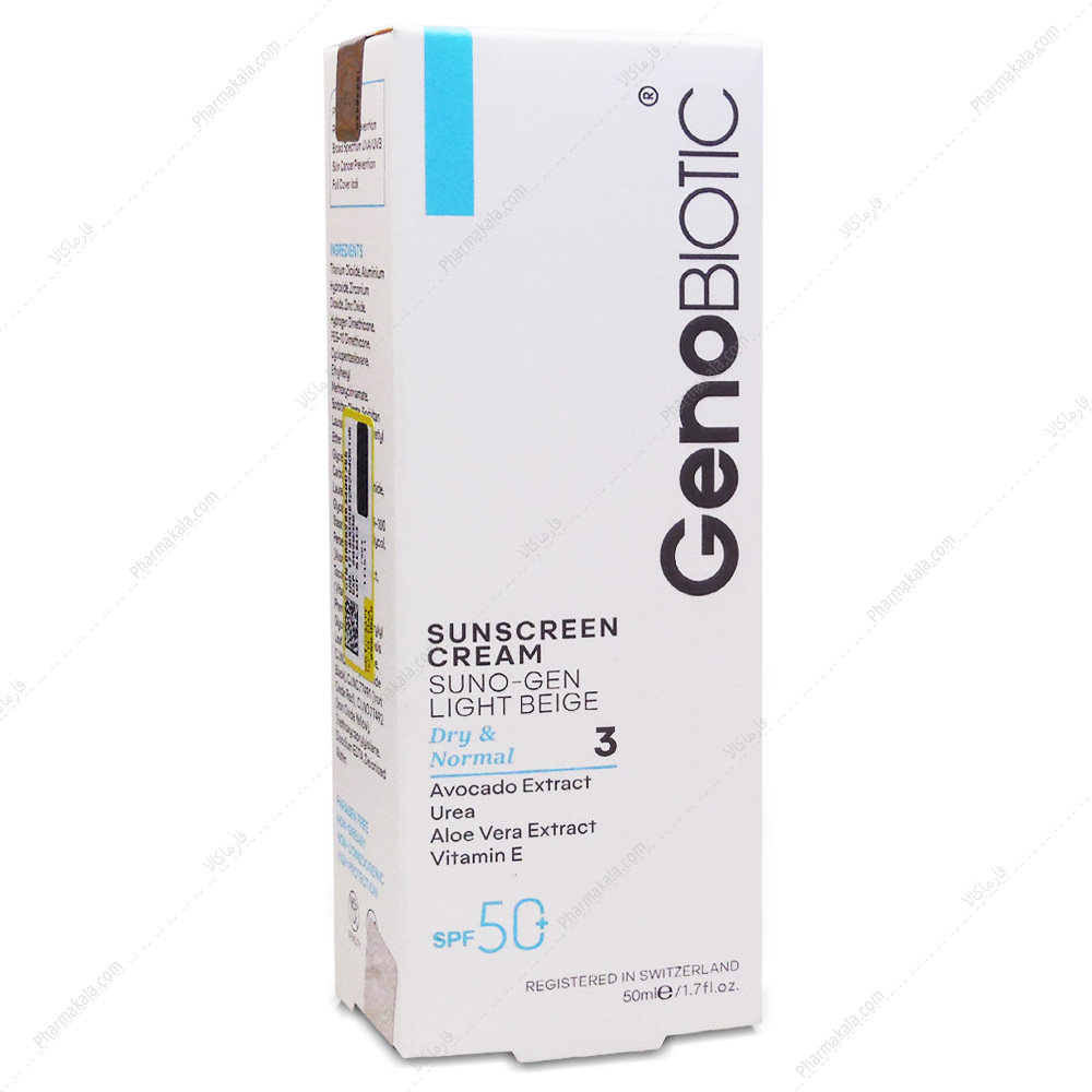 کرم ضد آفتاب سانوژن SPF50 پوست خشک و معمولی بژ روشن ژنوبایوتیک 50g کرم ضد آفتاب سانوژن SPF50 پوست خشک و معمولی ژنوبایوتیک